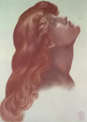 Estudo para a cabeça da figura da esquerda de &39;Astarte Syriaca&39;, 1875 (giz colorido sobre papel)